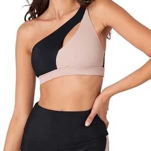 Onzie Sutra Black and Tan Asymmetrical Sports Bra